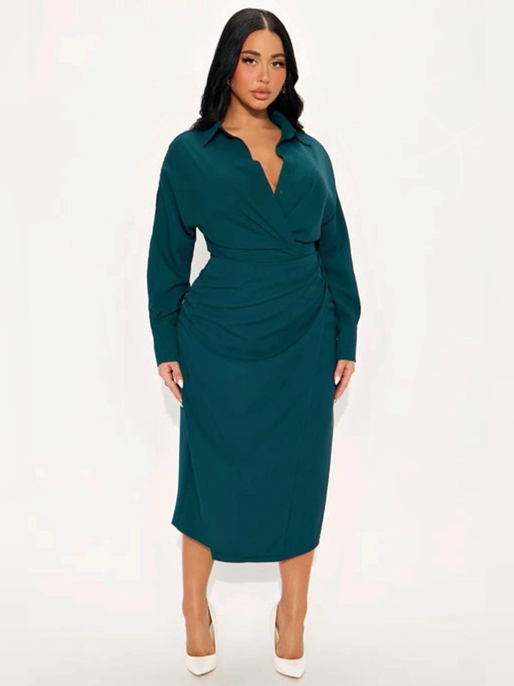 Fashion Nova Giada Wrap Shirt Midi Dress Hunter Green